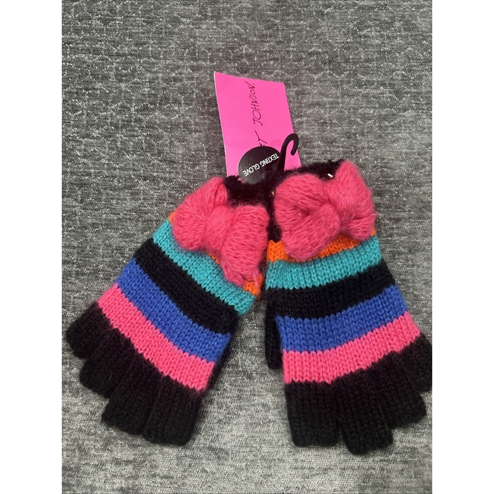Betsey Johnson fingerless Texting Gloves Bow Stripe knit Pink Black NWT